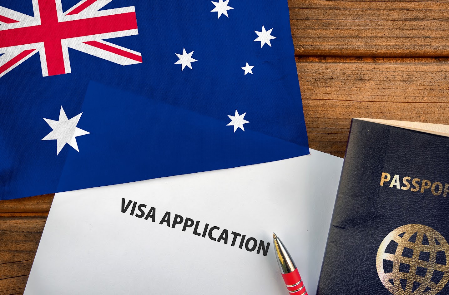 Visa application form, passport and flag of Australia; Shutterstock ID 2191209149; other: -; purchase_order: -; client: -; job: -